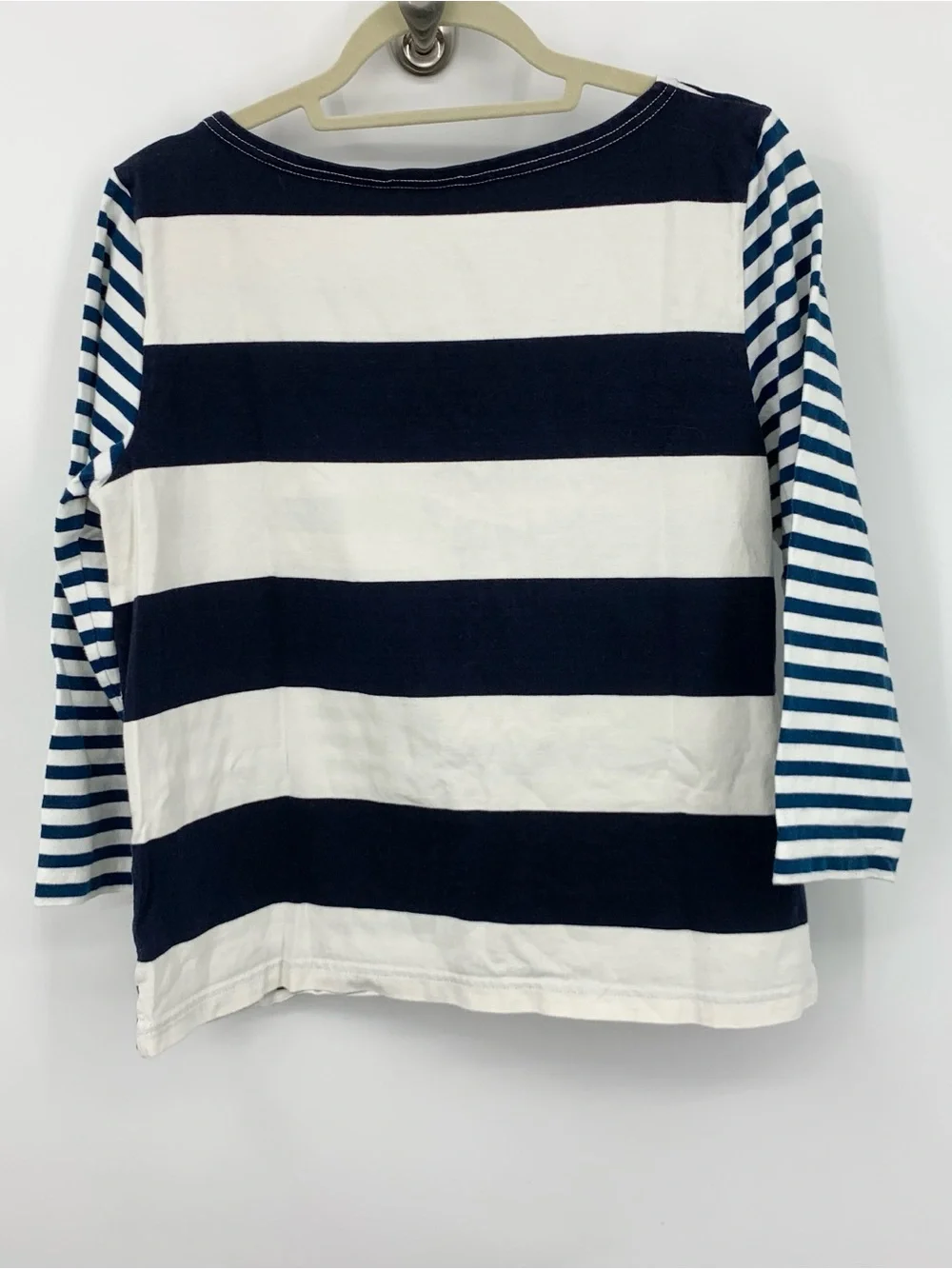 J Crew Women Size Large Shirt Blue White Striped Patchwork 3/4 Sleeve Top Cotton